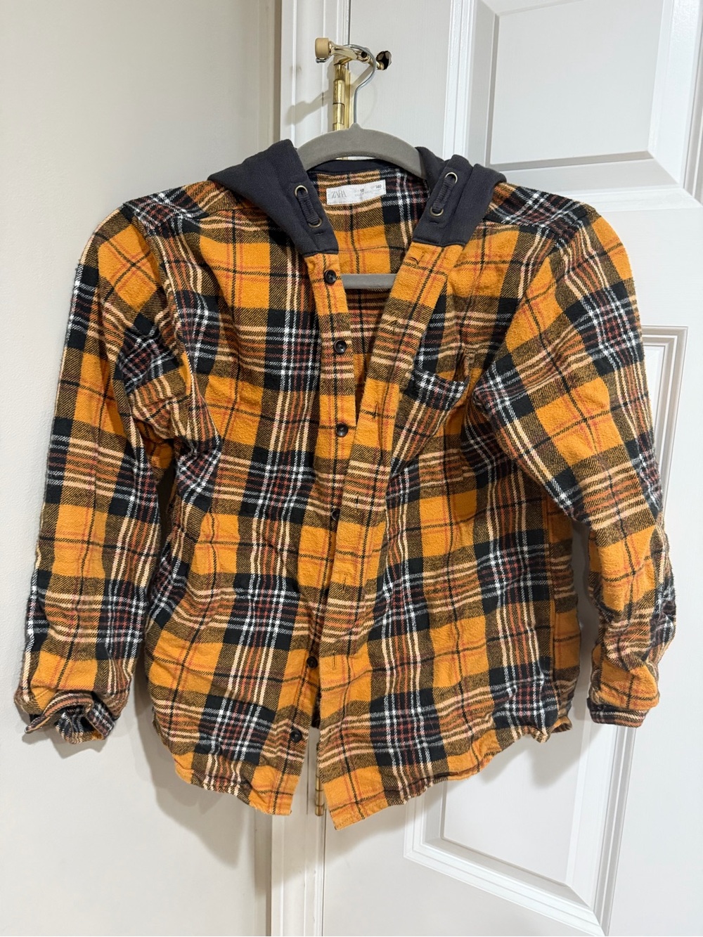 Zara Orange and Black Plaid Button-Down Hoodie Shirt